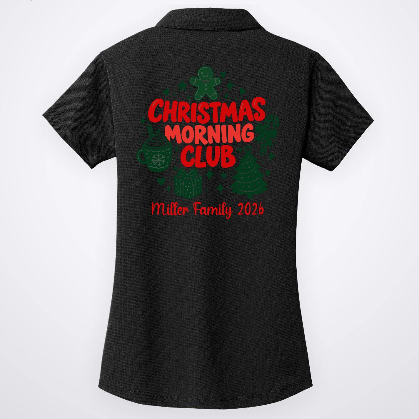 Personalized Christmas Morning Club Family Graphic Women's Polo - Back - Close-up