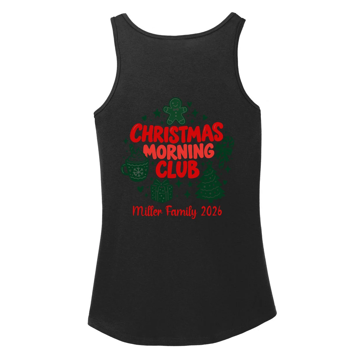 Personalized Christmas Morning Club Family Graphic Women's Tank Top - Back - Close-up