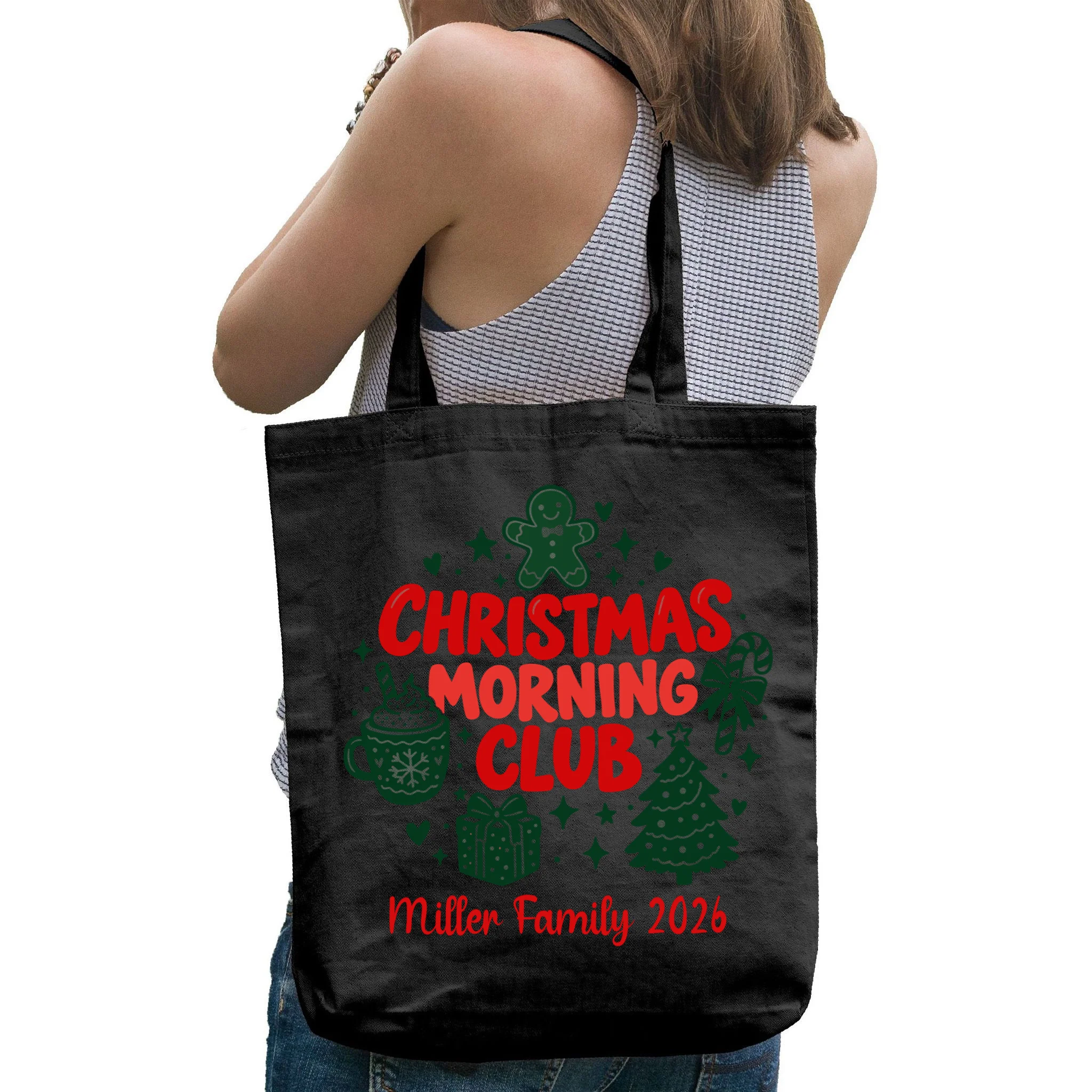 Personalized Christmas Morning Club Family Graphic Tote Bag - Back - Close-up