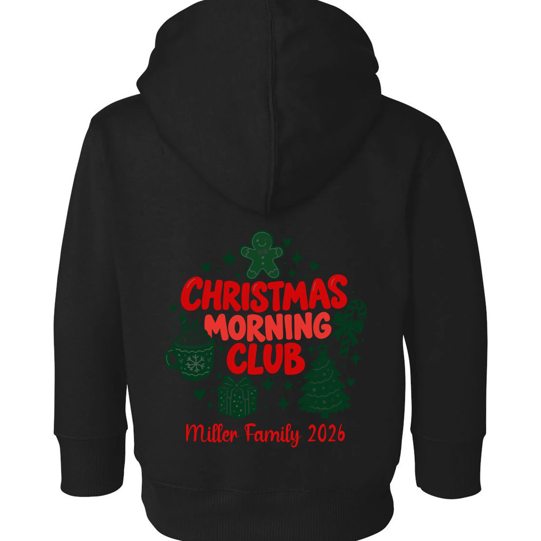 Personalized Christmas Morning Club Family Graphic Toddler Hoodie - Back - Close-up