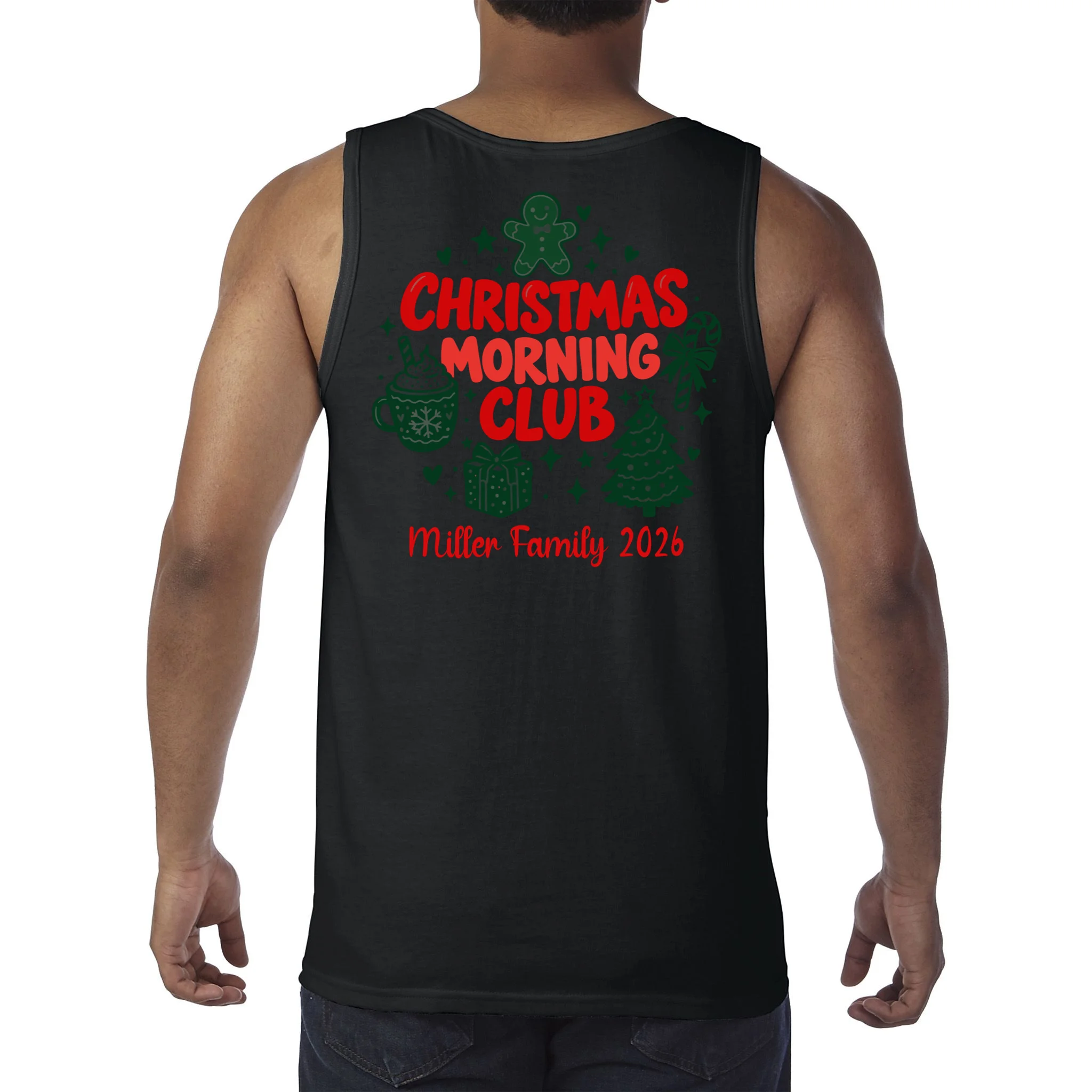 Personalized Christmas Morning Club Family Graphic Men's Tank Top - Back