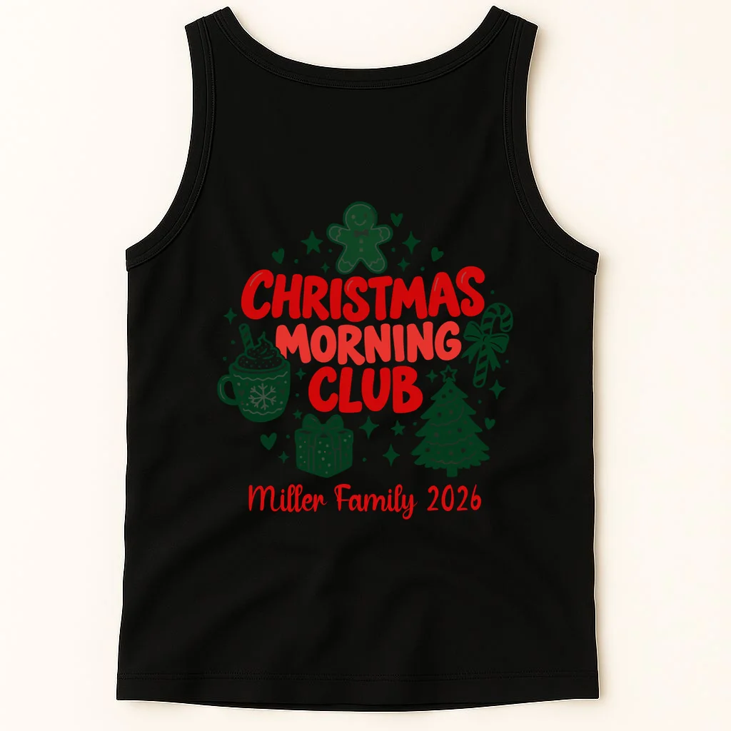 Personalized Christmas Morning Club Family Graphic Men's Tank Top - Back 1