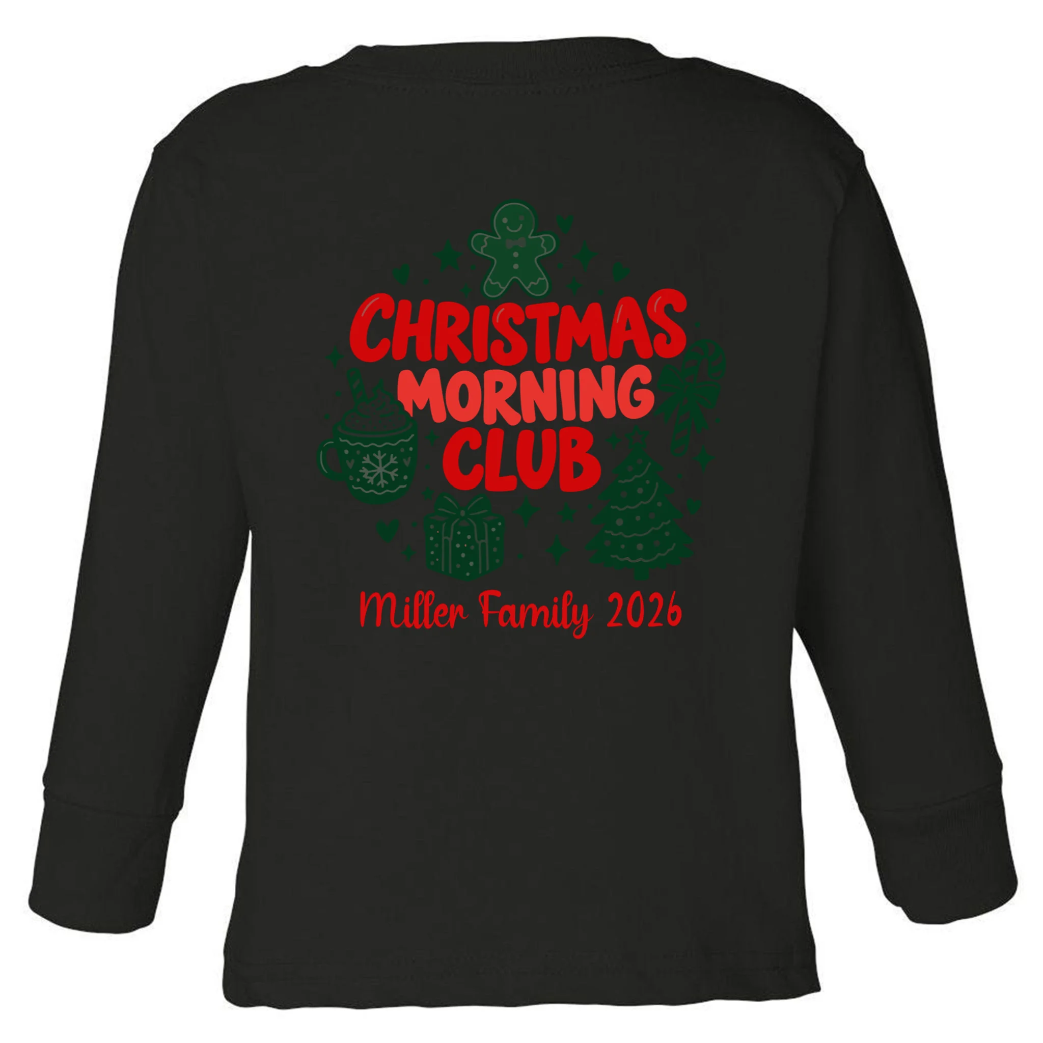 Personalized Christmas Morning Club Family Graphic Toddler Long Sleeve Shirt - Back - Close-up