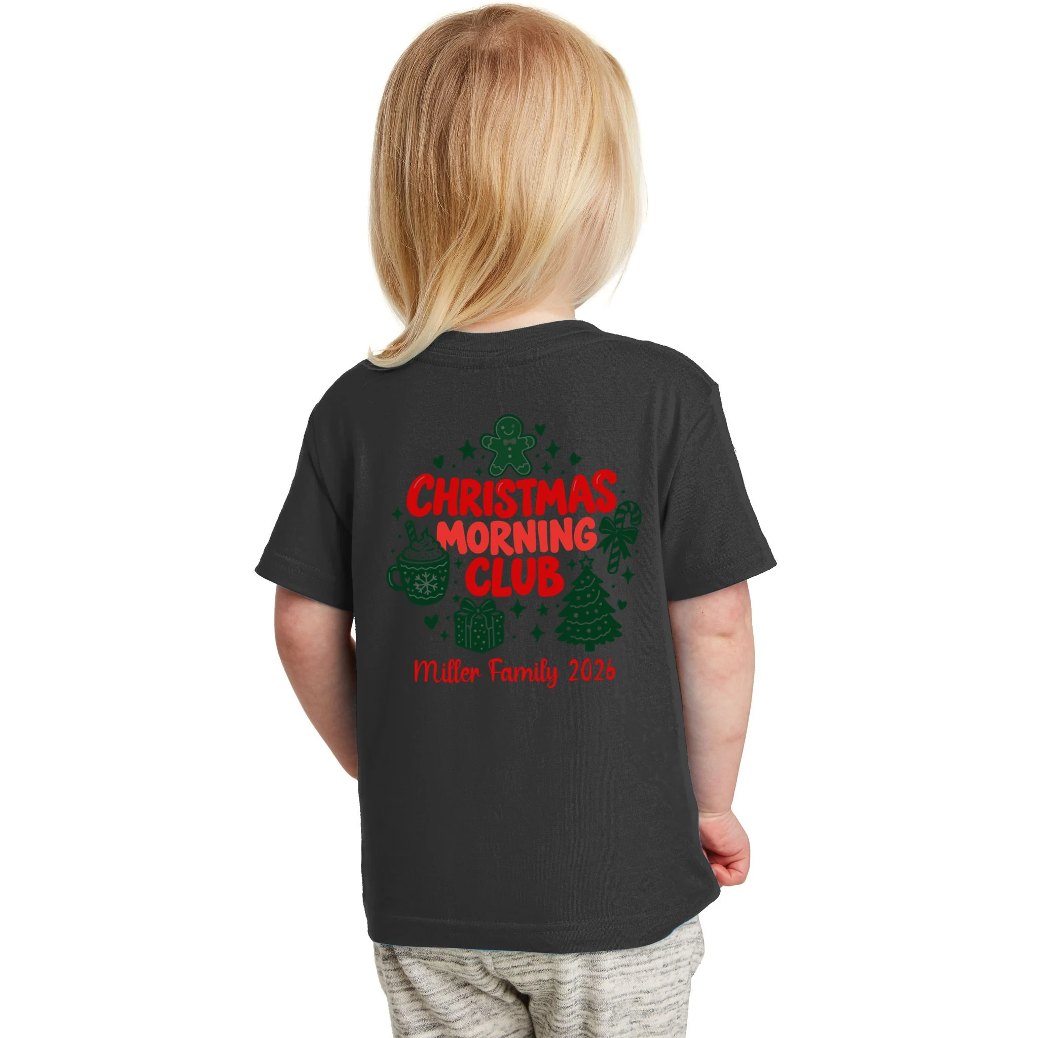 Personalized Christmas Morning Club Family Graphic Toddler T-Shirt - Back