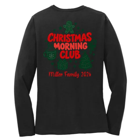 Personalized Christmas Morning Club Family Graphic Women's Long Sleeve Shirt - Back - Close-up