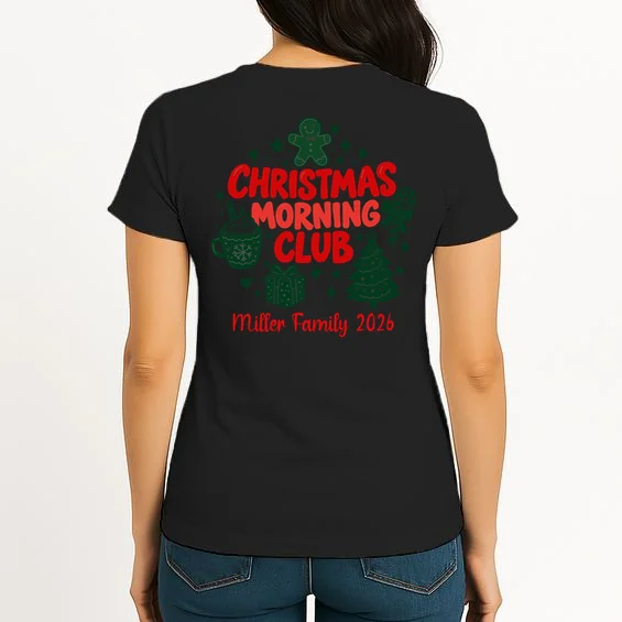 Personalized Christmas Morning Club Family Graphic Women's T-Shirt - Back