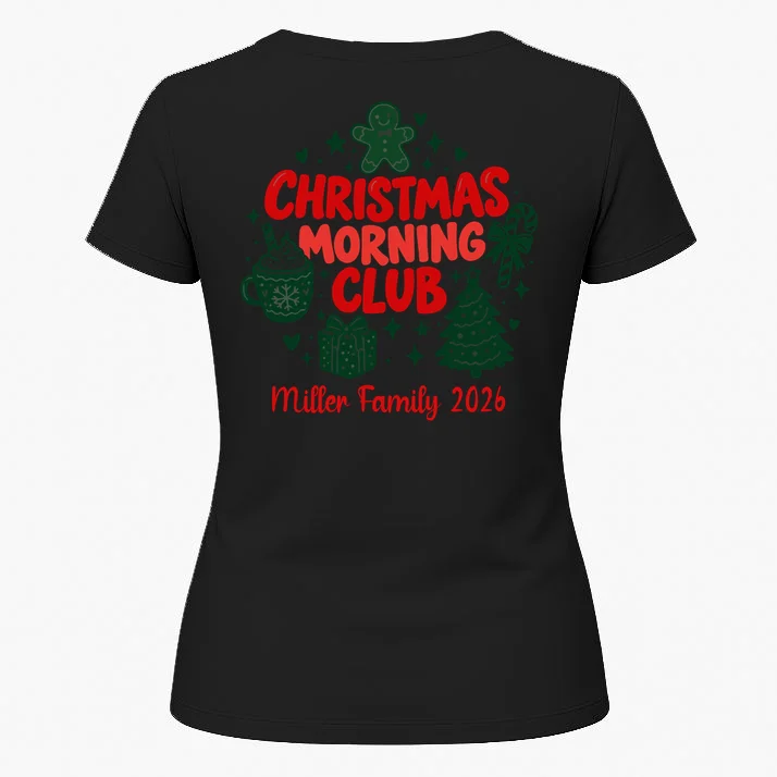 Personalized Christmas Morning Club Family Graphic Women's T-Shirt - Back 1