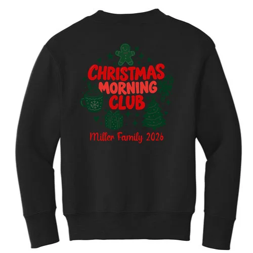 Personalized Christmas Morning Club Family Graphic Kids Sweatshirt - Back - Close-up