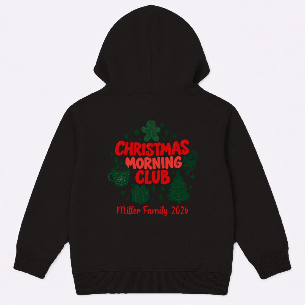 Personalized Christmas Morning Club Family Graphic Kids Hoodie - Back