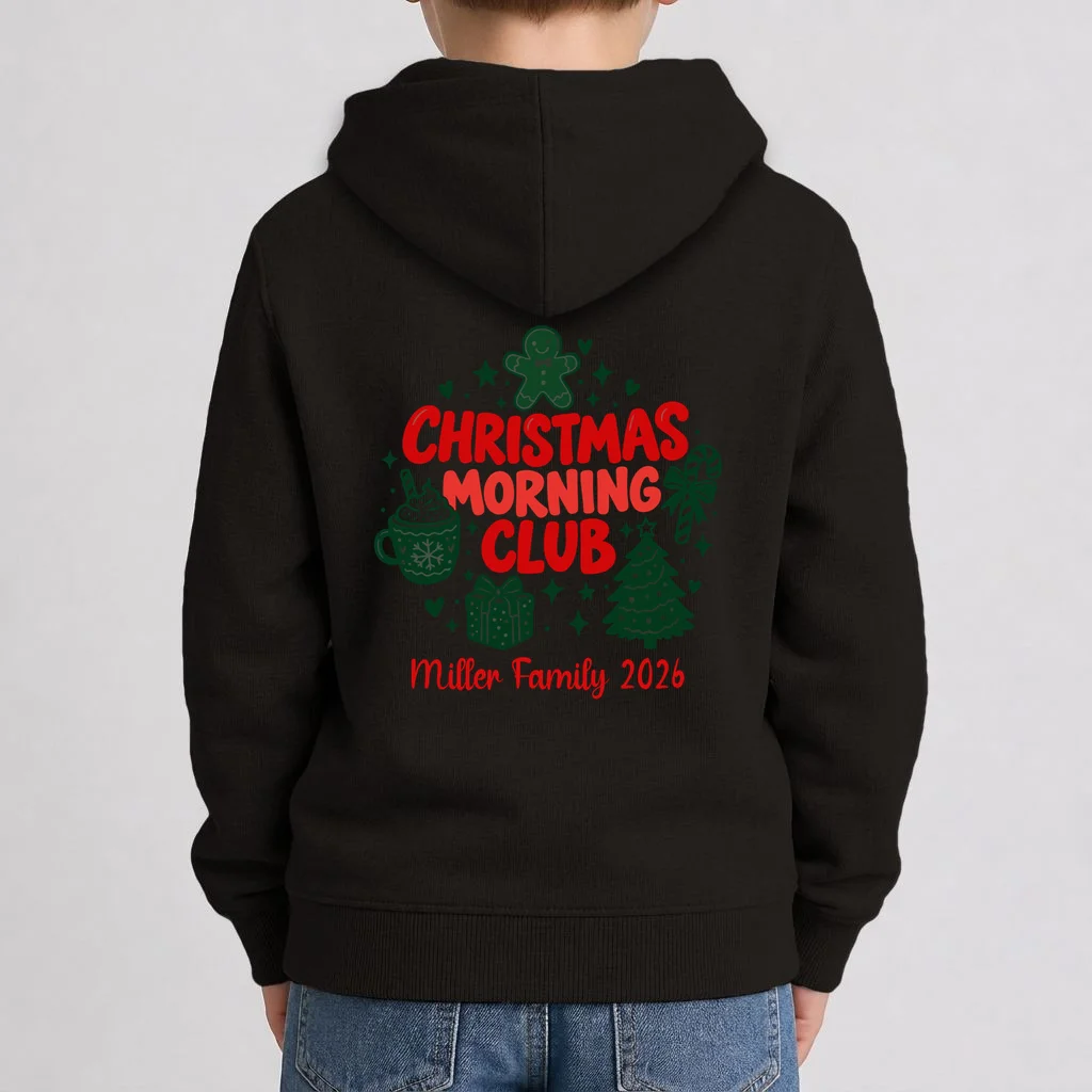 Personalized Christmas Morning Club Family Graphic Kids Hoodie - Back 1