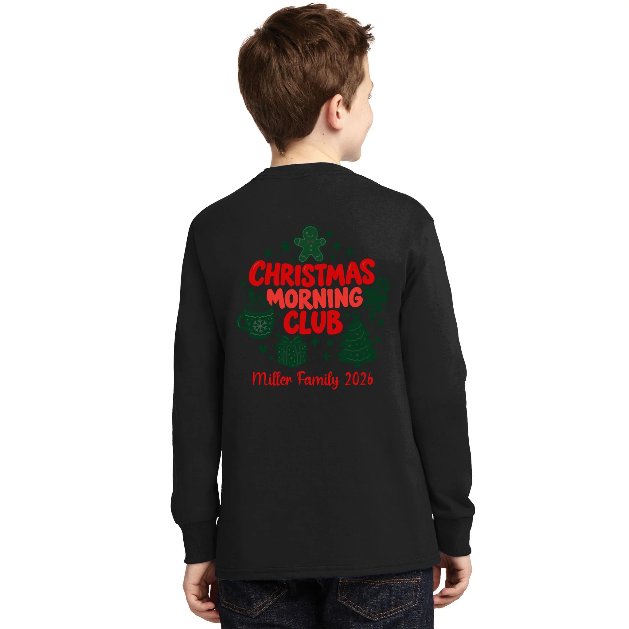 Personalized Christmas Morning Club Family Graphic Kids Long Sleeve Shirt - Back - Close-up