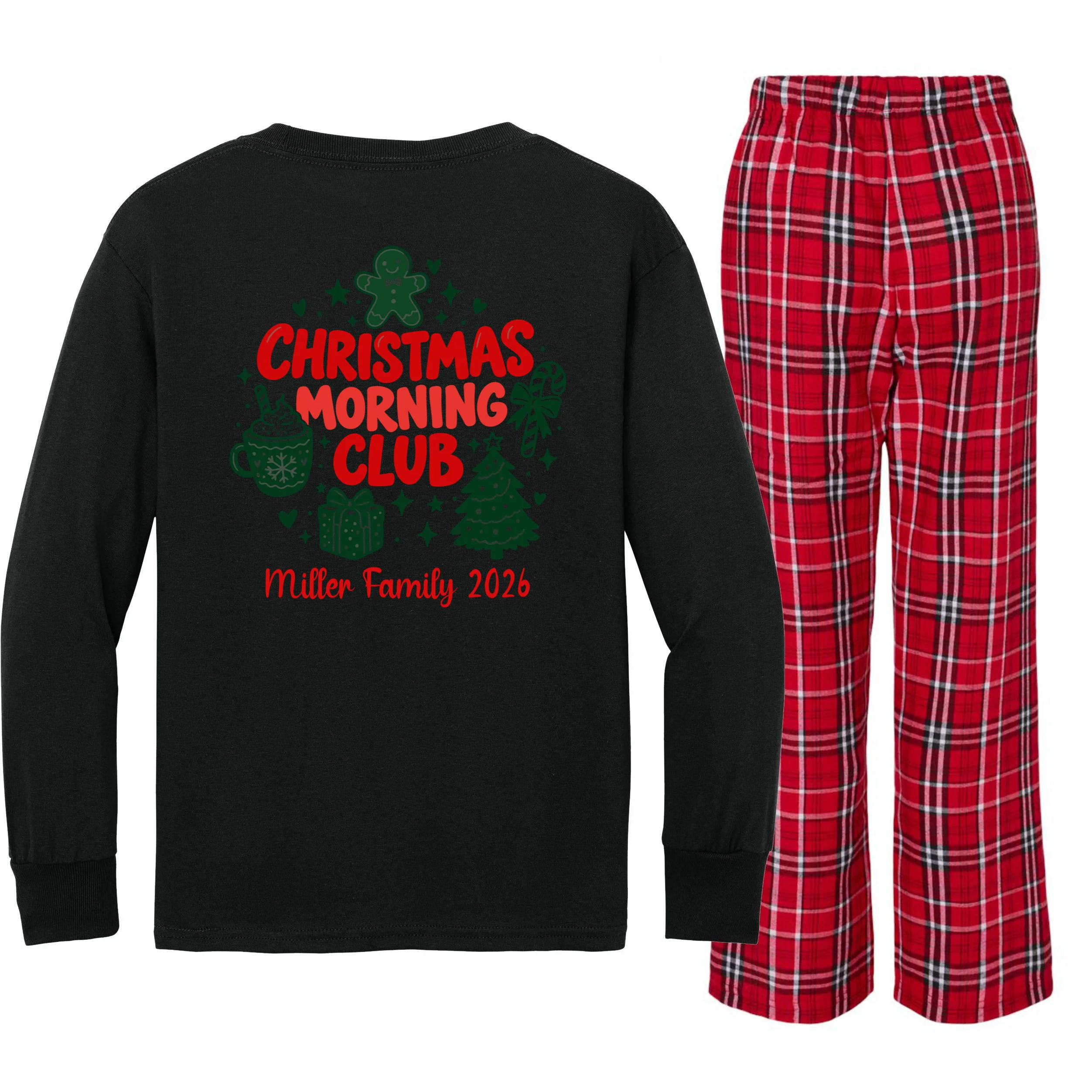 Personalized Christmas Morning Club Family Graphic Kids Long Sleeve Pajamas - Back - Close-up