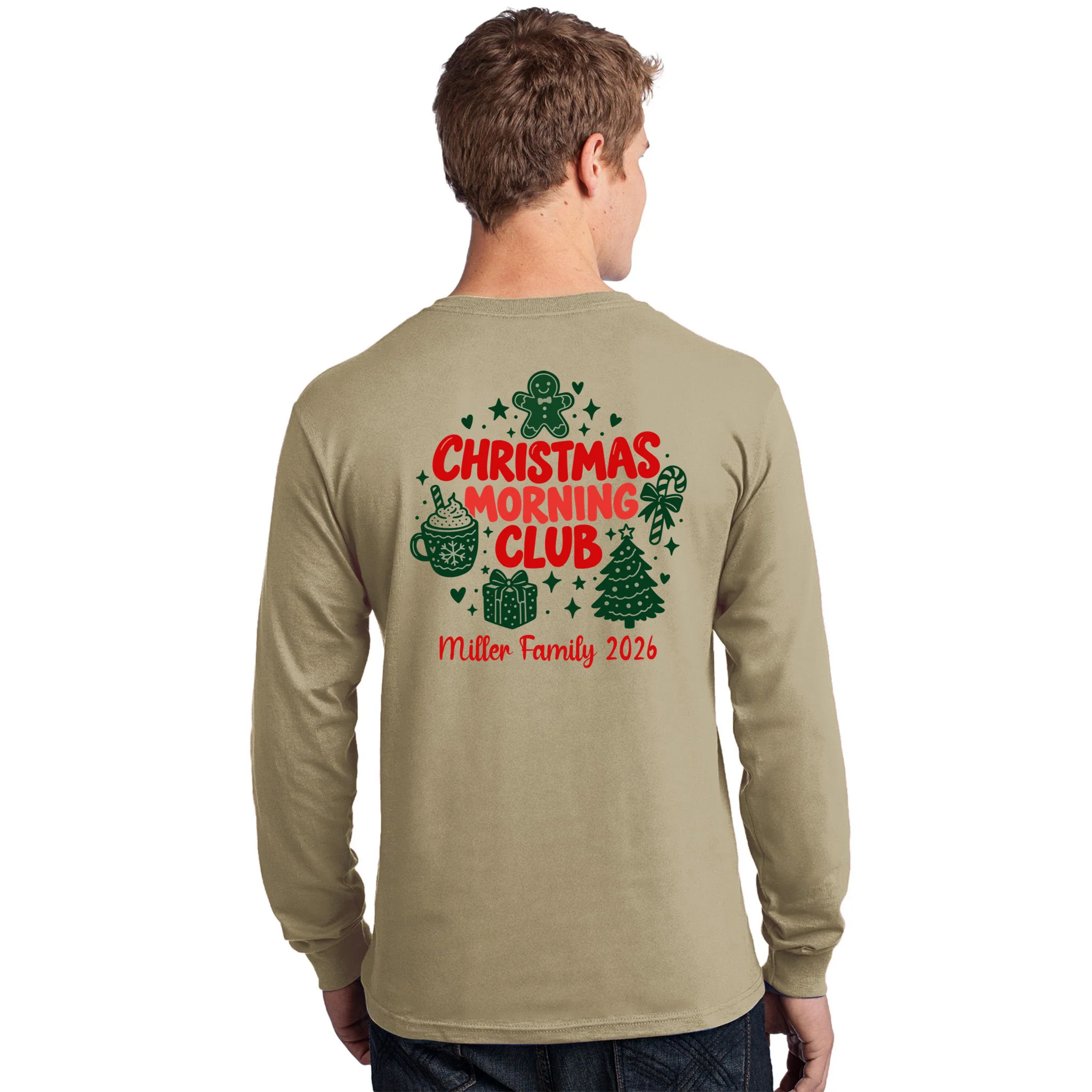 Personalized Christmas Morning Club Family Graphic Men's Long Sleeve Shirt - Back - Close-up