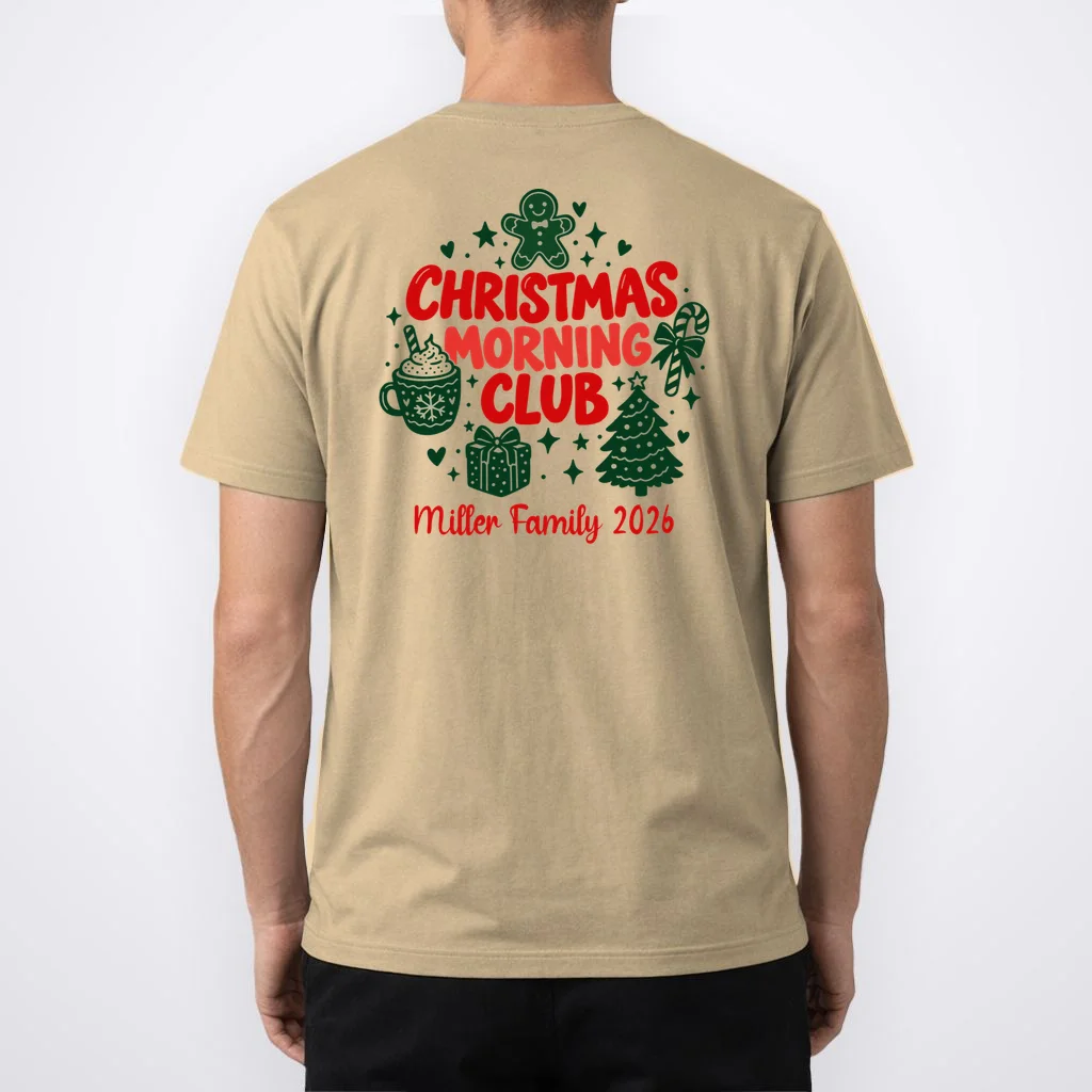 Personalized Christmas Morning Club Family Graphic Men's T-Shirt - Back 1