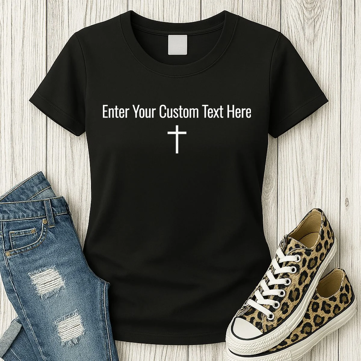 Personalized Custom Text Bible Verse Christianity Minimalist Cross Women's T-Shirt - Front 2