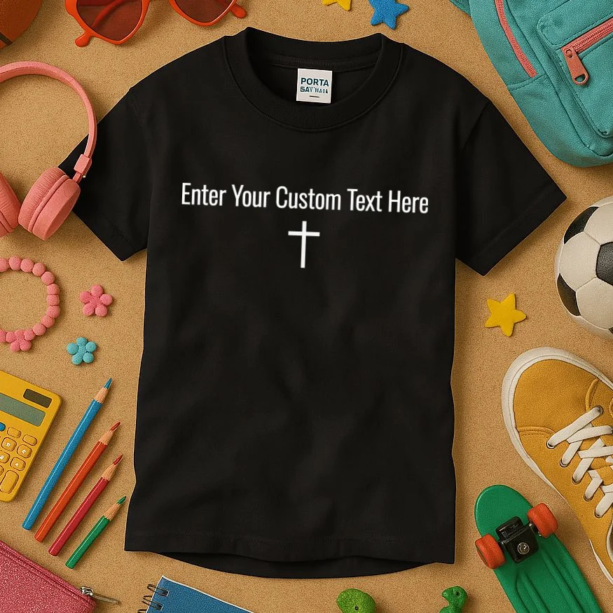 Personalized Custom Text Bible Verse Christianity Minimalist Cross Kids T-Shirt - Front 2