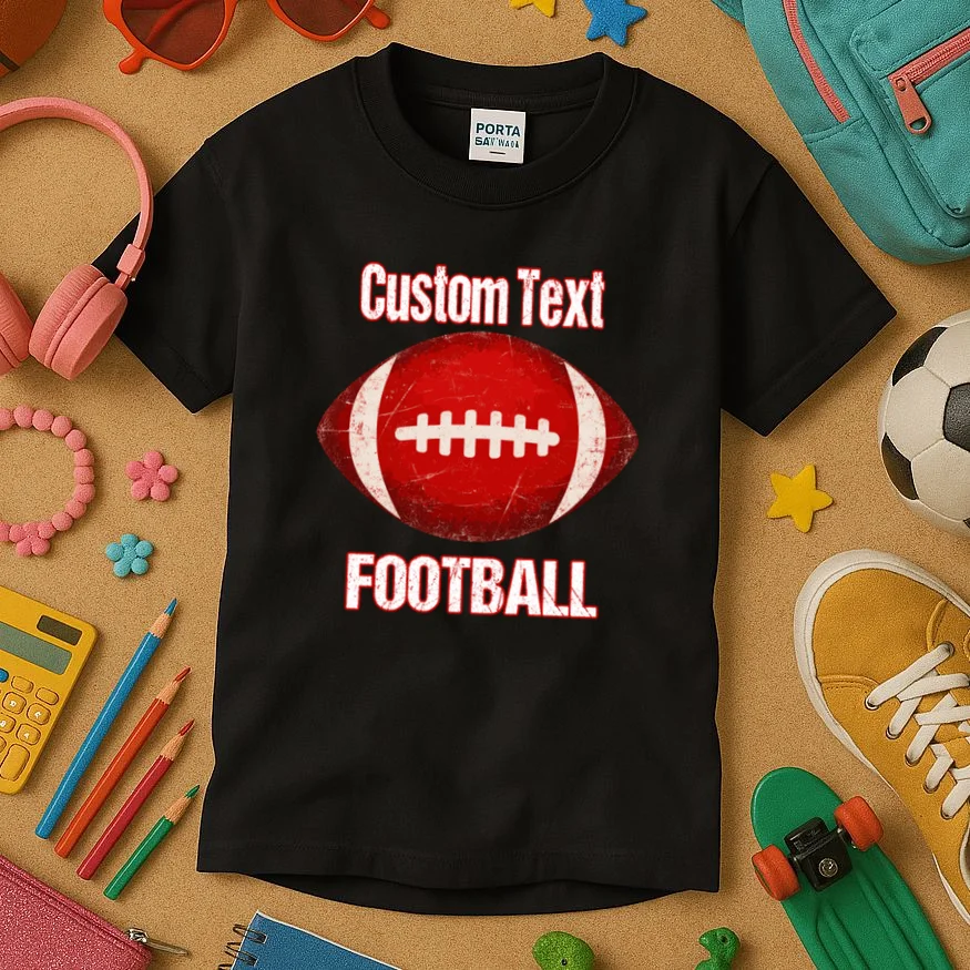 Personalized Football Design – Custom Text & Vintage Football Graphic Kids T-Shirt - Front 2