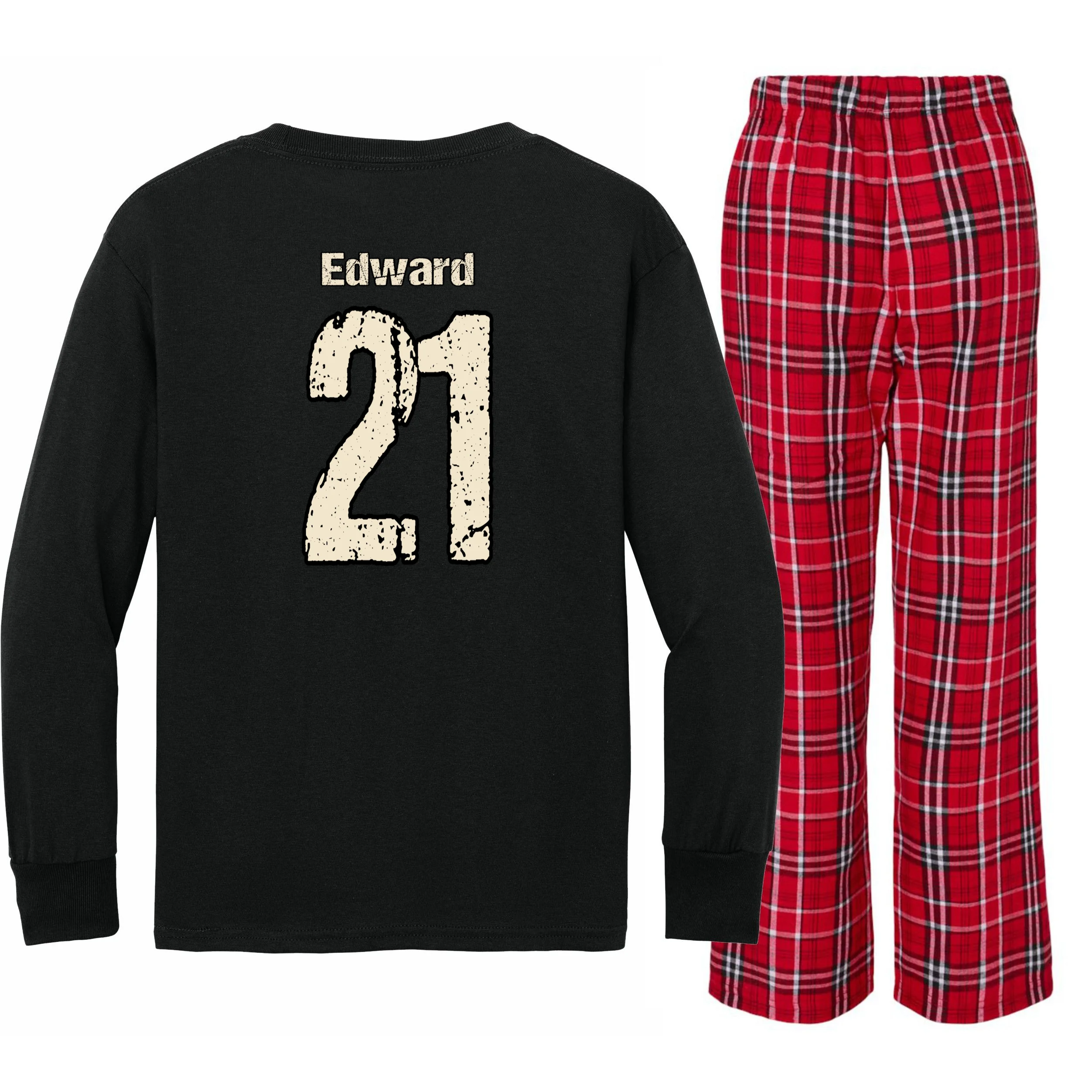 Personalized Football Name & Number – Custom Vintage Sports Design Kids Long Sleeve Pajamas - Back - Close-up