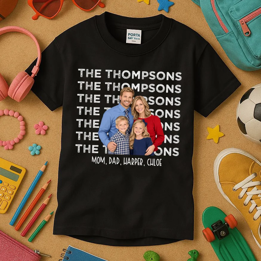 Personalized Family Photo Shirt – Custom Family Name & Kids Kids T-Shirt - Front 2