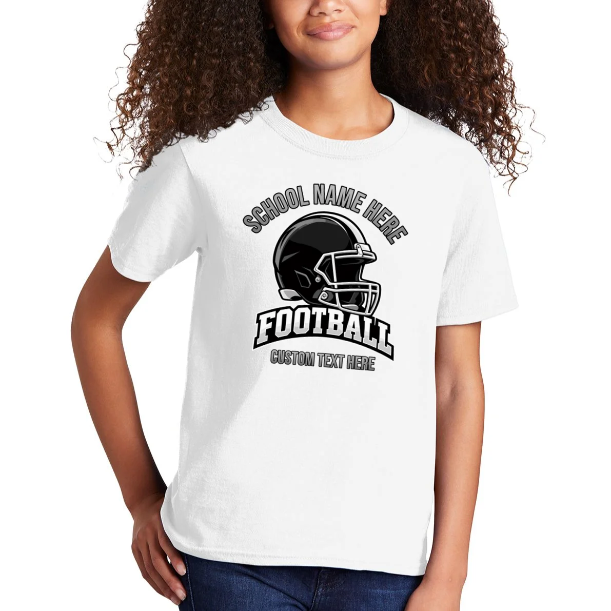 Personalized Football Team Design – Custom School Name & Football Text Graphic Kids T-Shirt - Front 1