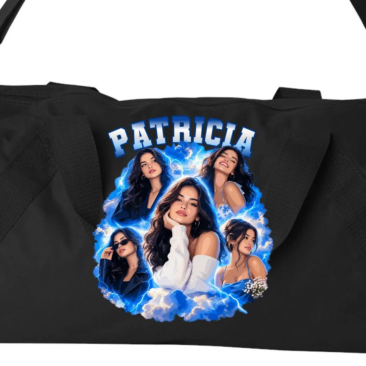 Personalized Portrait Glam Collage – Custom Name Duffel Bag - Front - Close-up