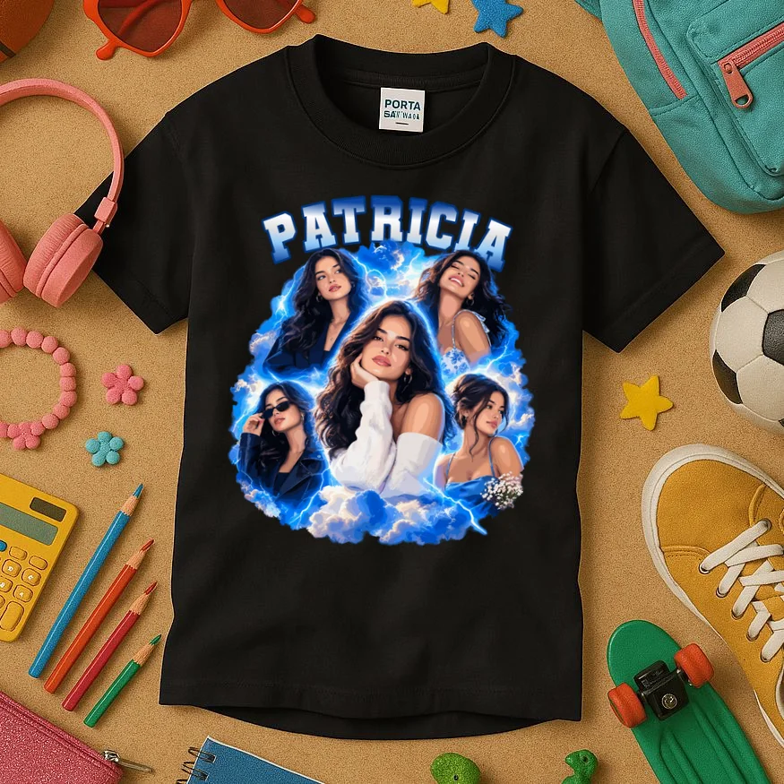 Personalized Portrait Glam Collage – Custom Name Kids T-Shirt - Front 2