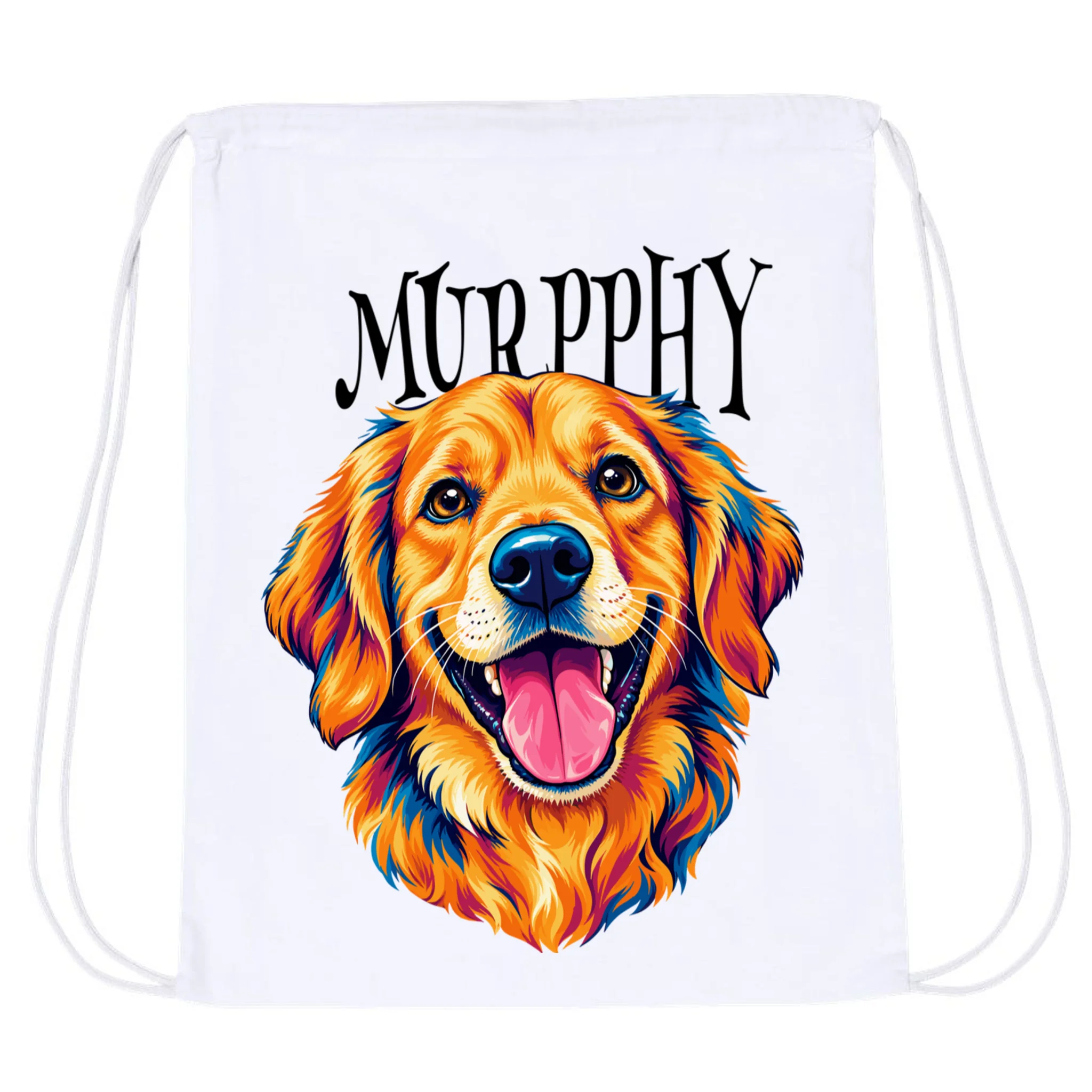 Custom Dog Portrait from Photo – Personalized Pet Portrait with Dog Name Drawstring Bag - Front