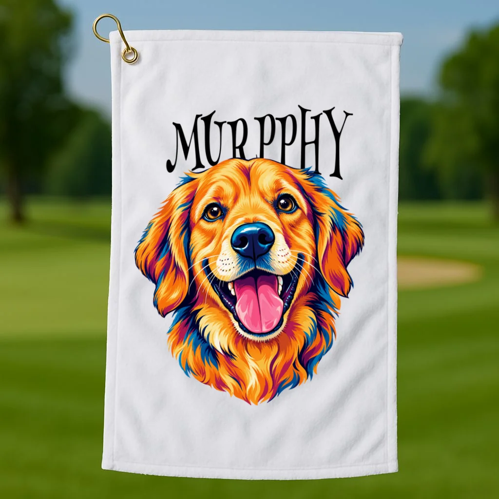 Custom Dog Portrait from Photo – Personalized Pet Portrait with Dog Name Golf Towel - Front 1