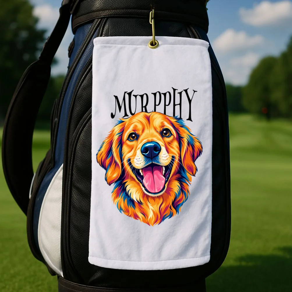 Custom Dog Portrait from Photo – Personalized Pet Portrait with Dog Name Golf Towel - Front 2
