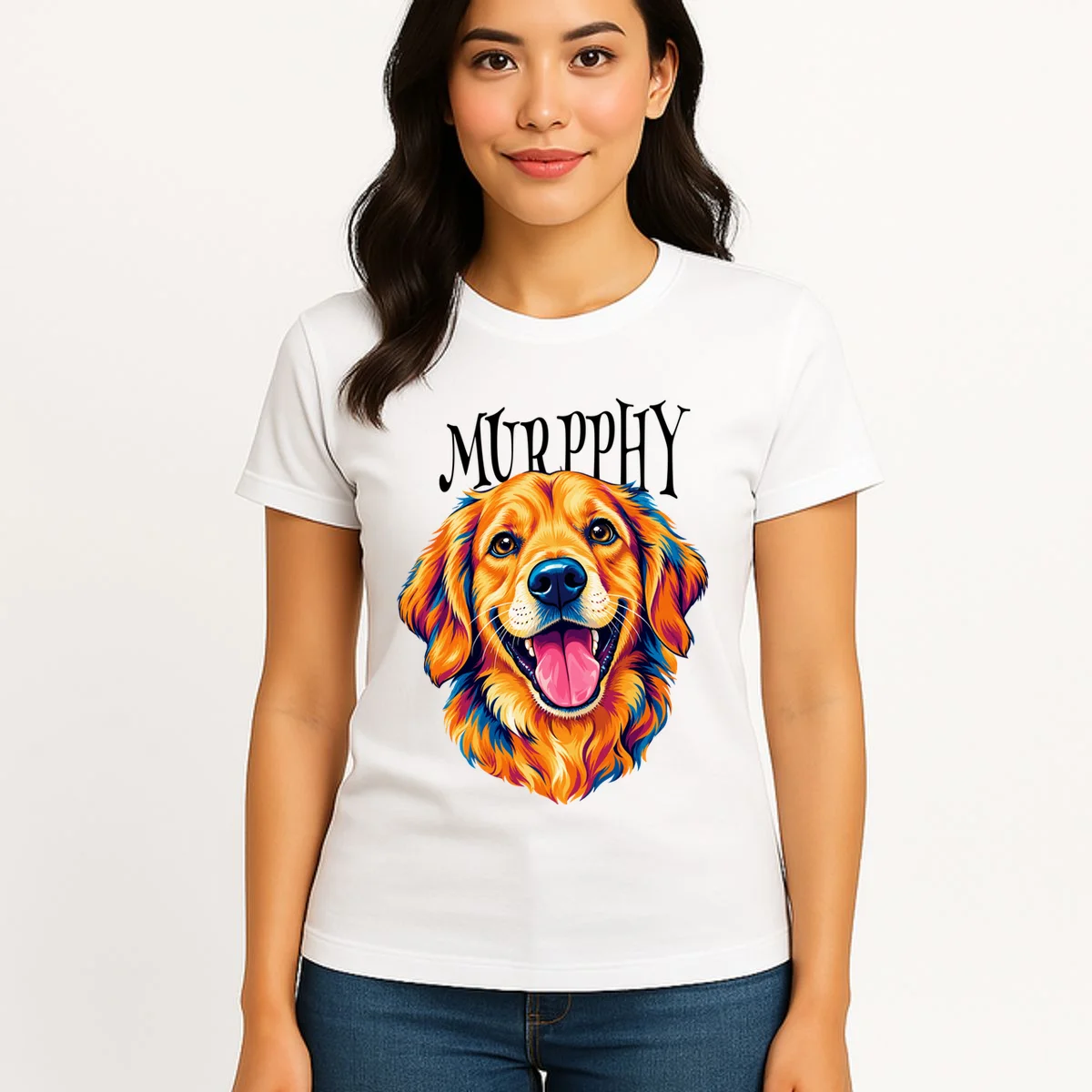 Custom Dog Portrait from Photo – Personalized Pet Portrait with Dog Name Women's T-Shirt - Front 3