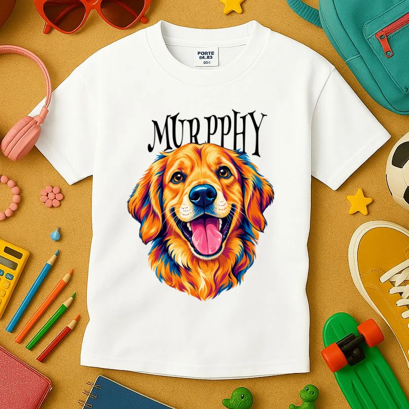 Custom Dog Portrait from Photo – Personalized Pet Portrait with Dog Name Kids T-Shirt - Front 2