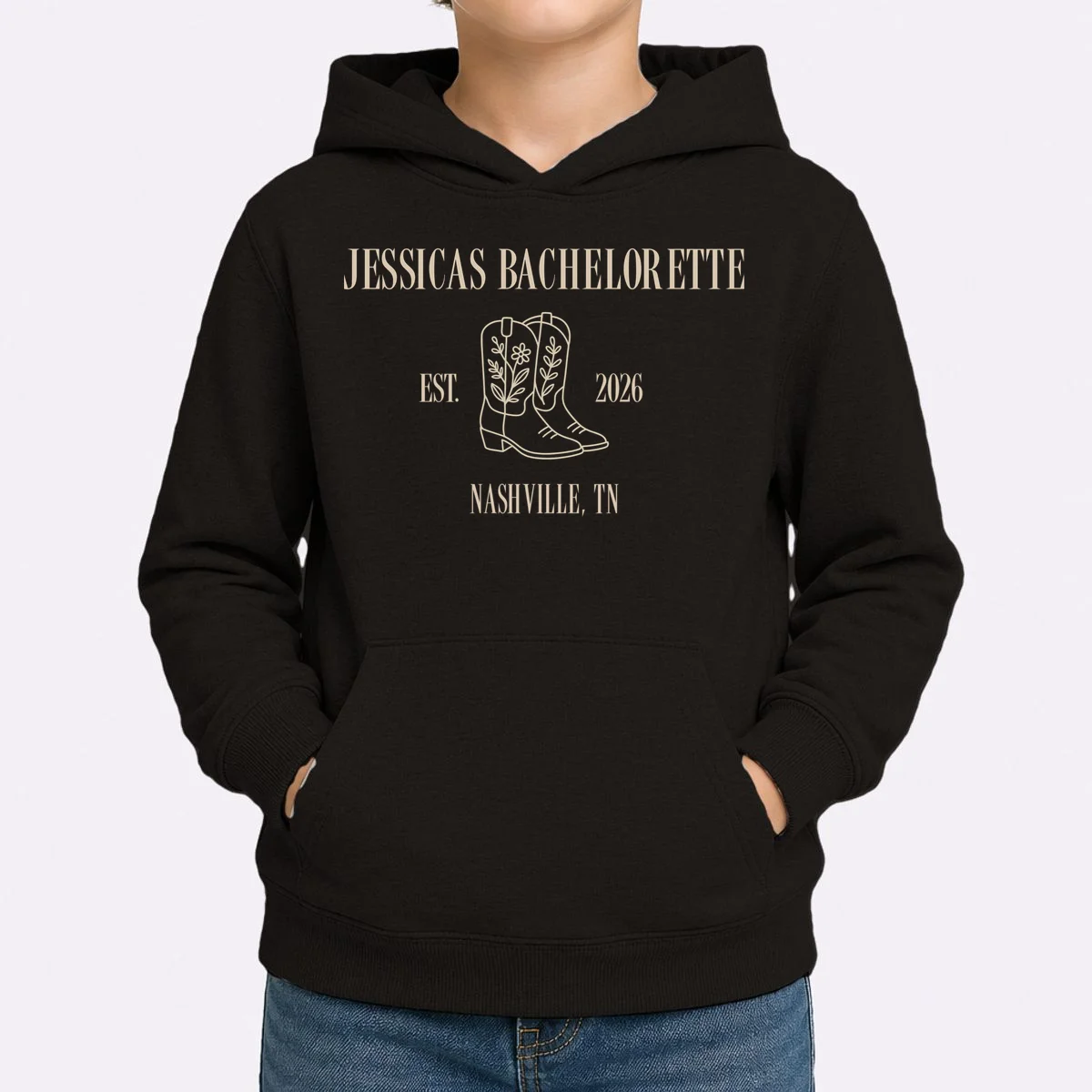 Personalized Name Bachelorette Trip Cowgirl Kids Hoodie - Front 1