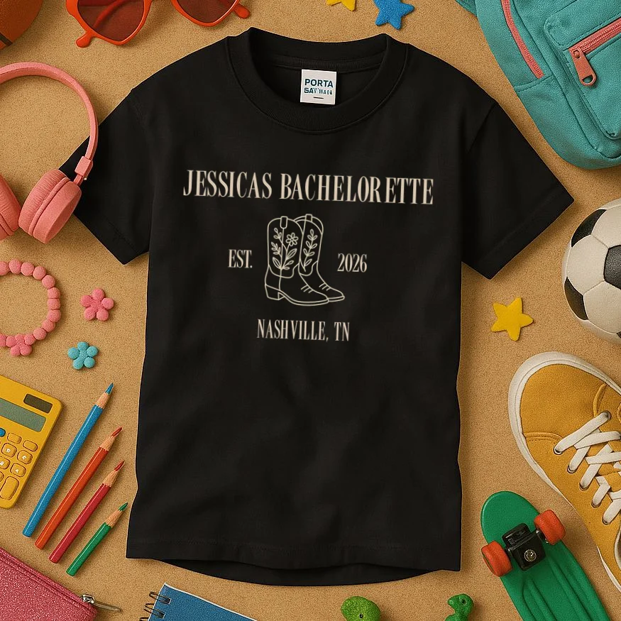 Personalized Name Bachelorette Trip Cowgirl Kids T-Shirt - Front 2