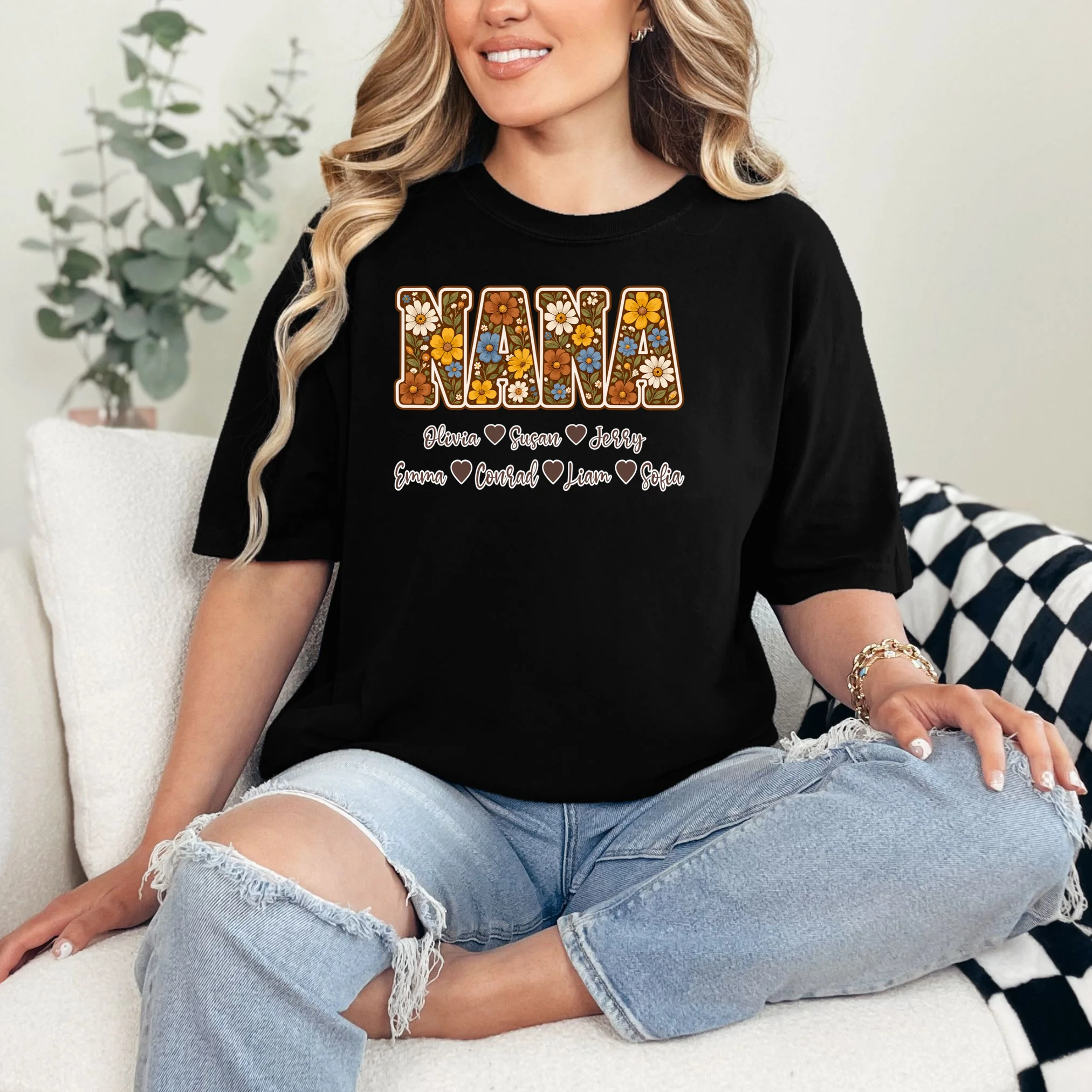 Personalized Nana Shirt – Custom Grandkids Names Floral Grandma Gift Comfort Colors Unisex T-Shirt - Front 1