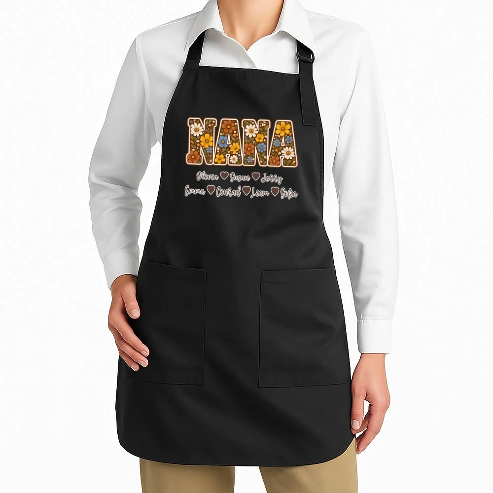 Personalized Nana Shirt – Custom Grandkids Names Floral Grandma Gift Apron - Front 1