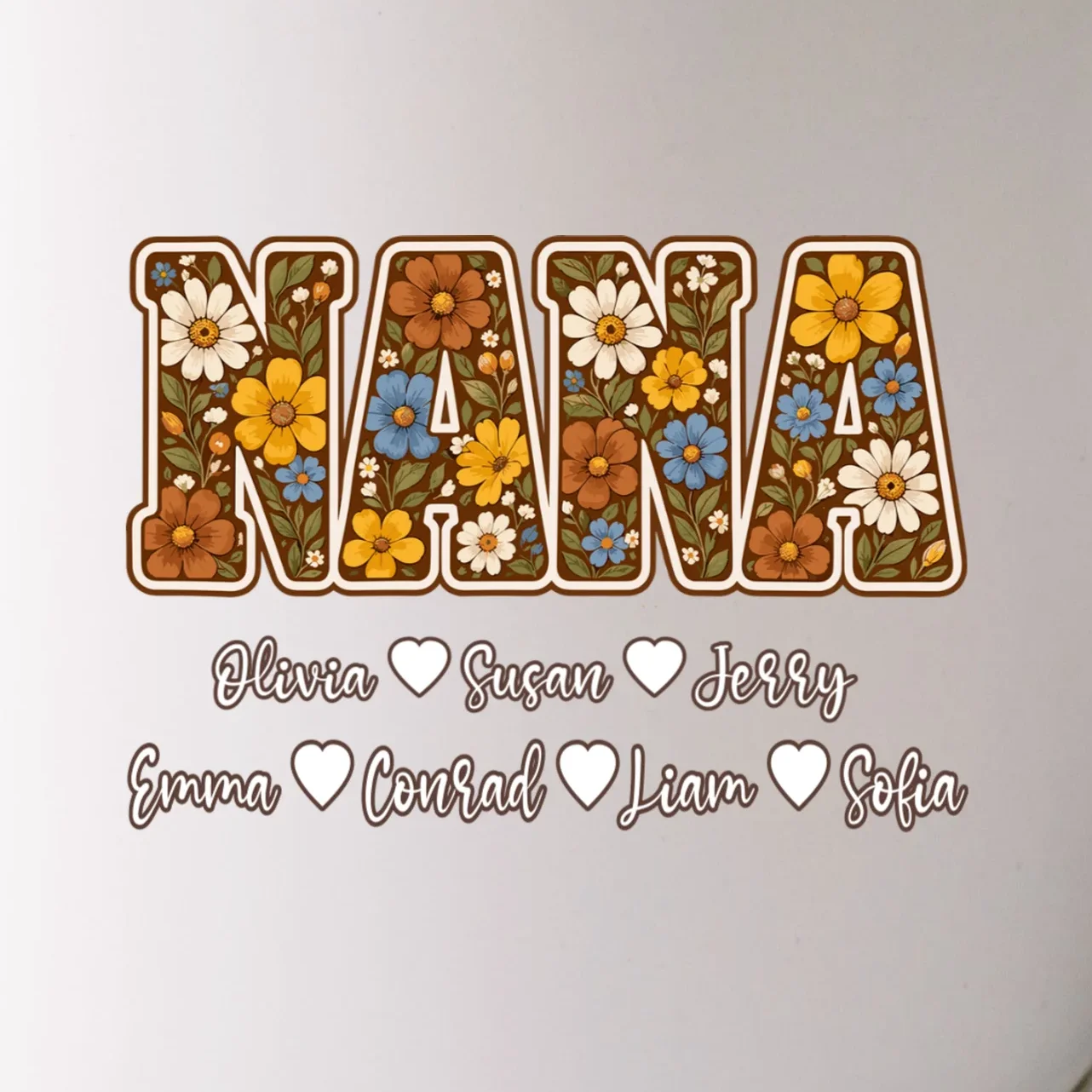 Personalized Nana Shirt – Custom Grandkids Names Floral Grandma Gift Mug - Front - Close-up
