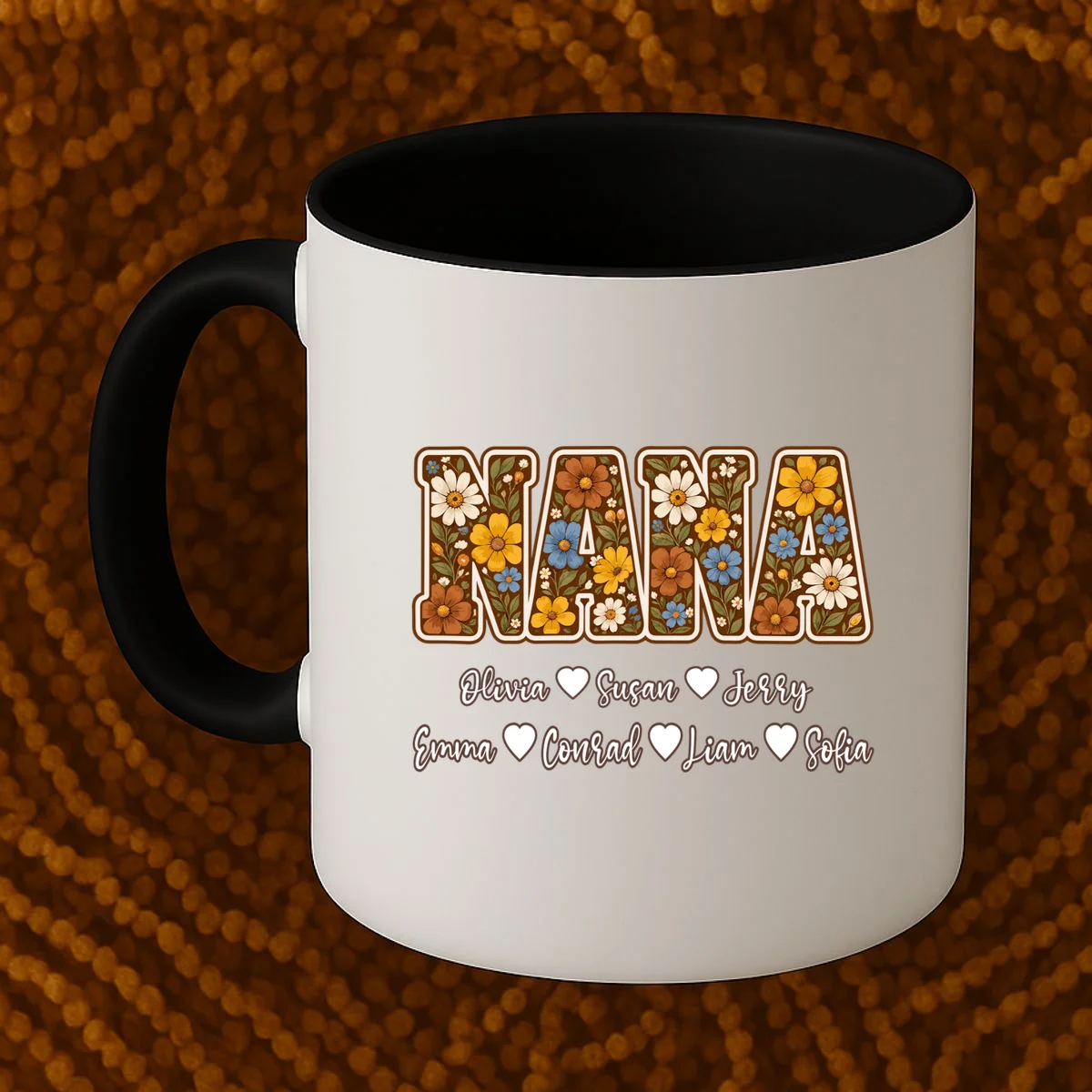 Personalized Nana Shirt – Custom Grandkids Names Floral Grandma Gift Mug - Front 1
