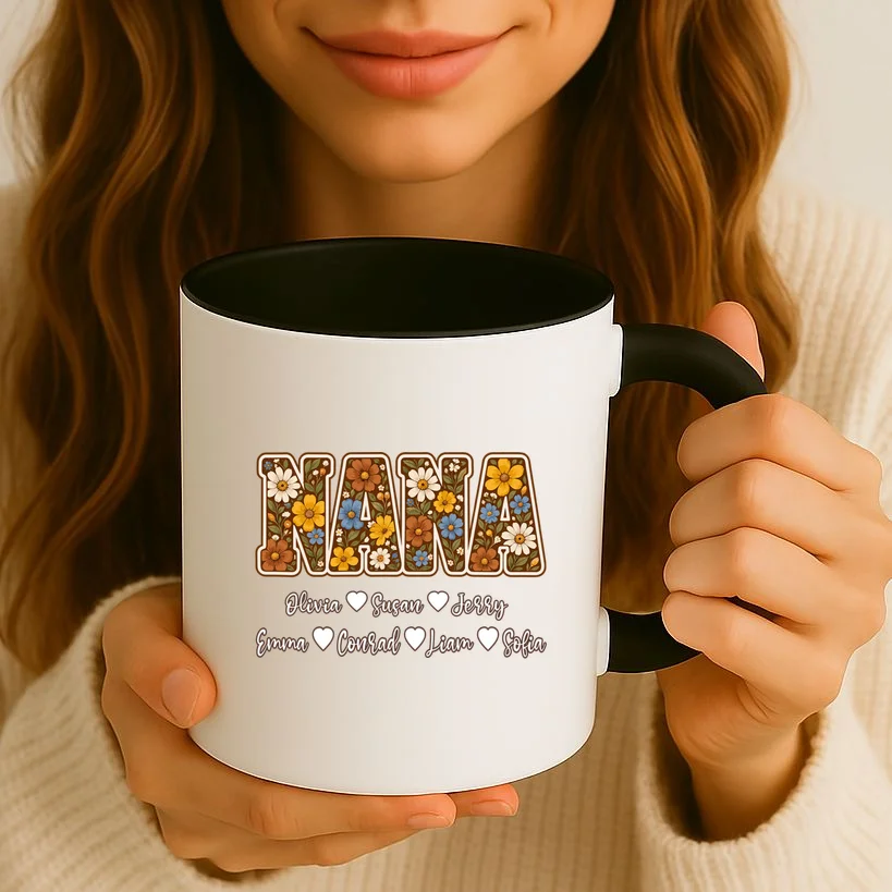 Personalized Nana Shirt – Custom Grandkids Names Floral Grandma Gift Mug - Front 2