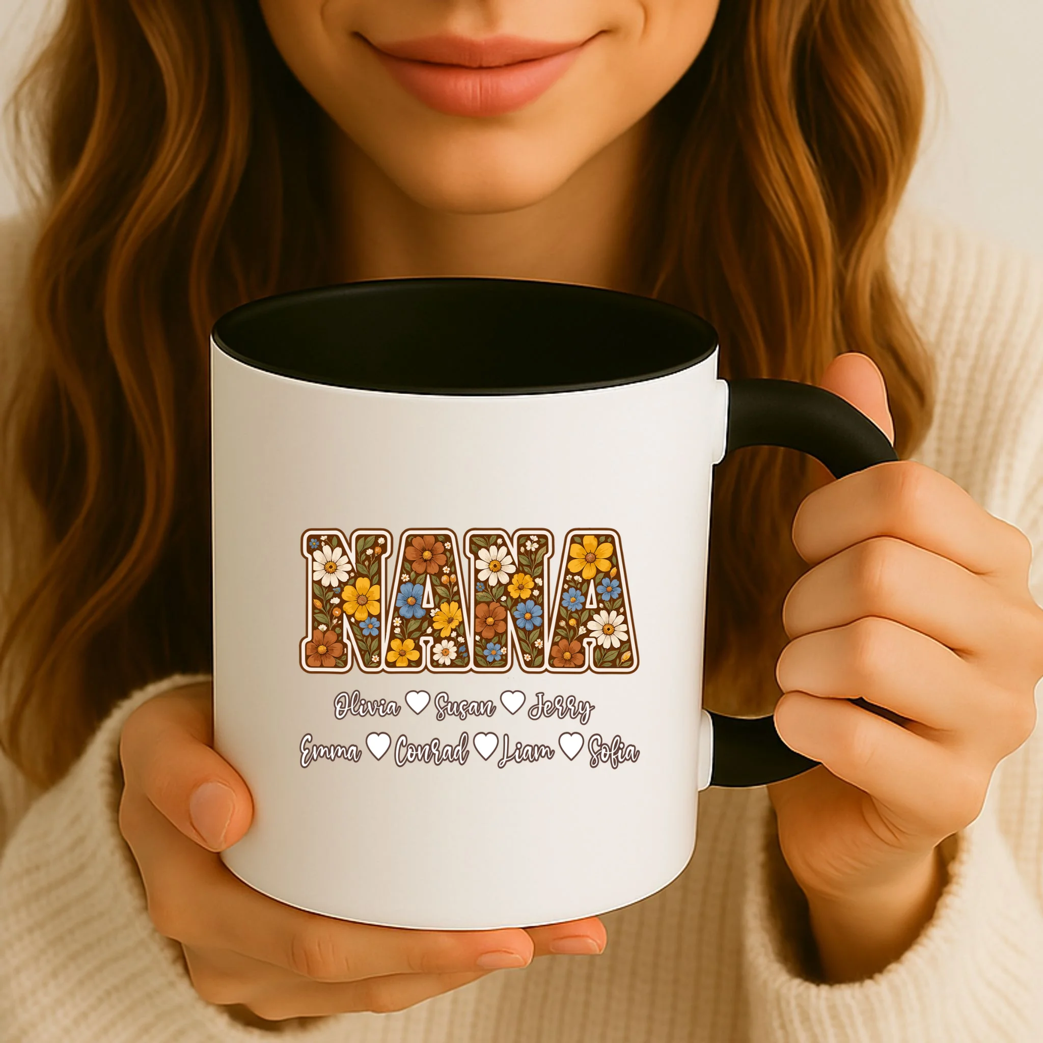 Personalized Nana Shirt – Custom Grandkids Names Floral Grandma Gift Mug - Front 2