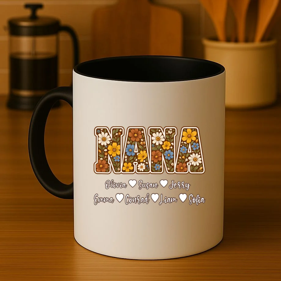 Personalized Nana Shirt – Custom Grandkids Names Floral Grandma Gift Mug - Front 3