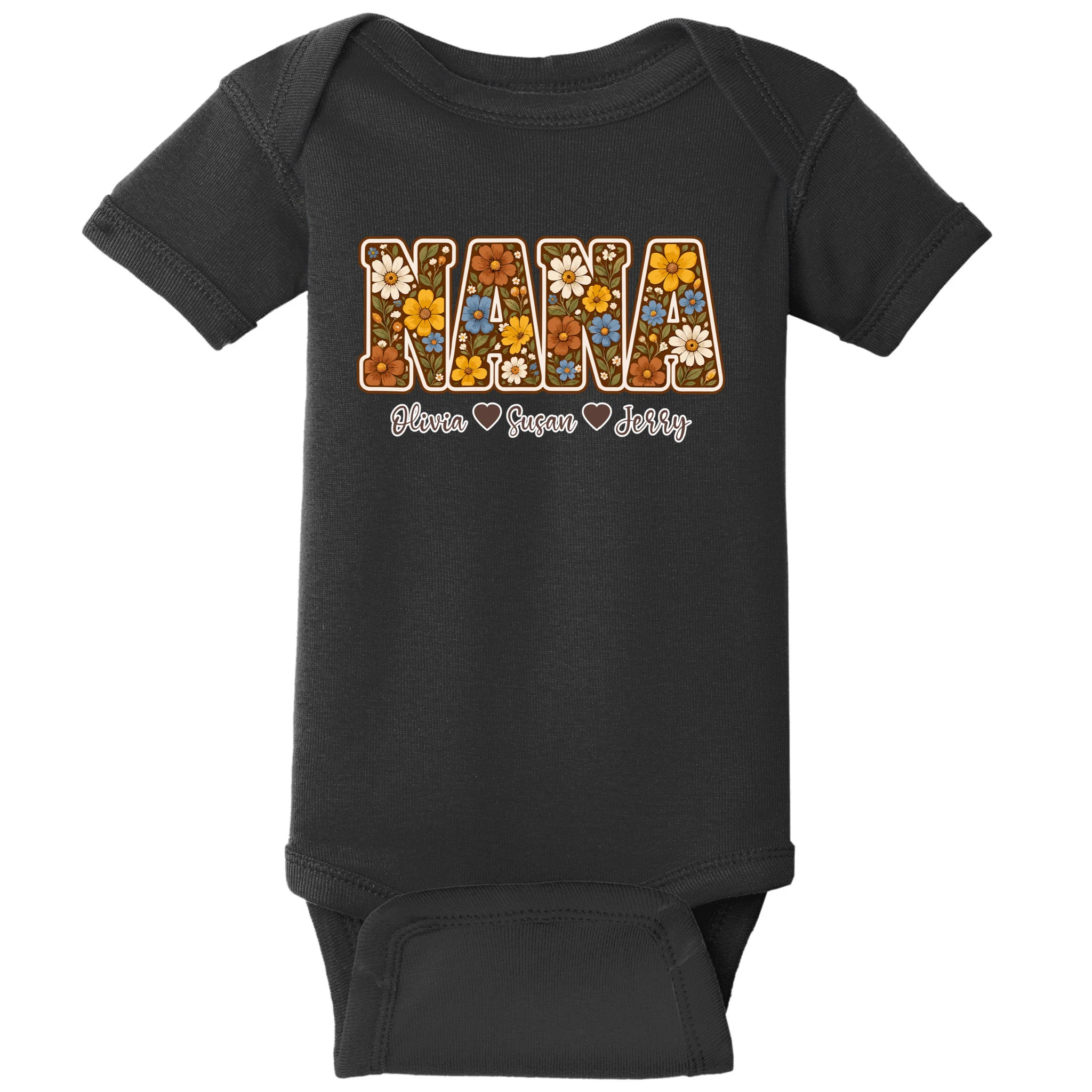 Personalized Nana Shirt – Custom Grandkids Names Floral Grandma Gift Baby Bodysuit Front