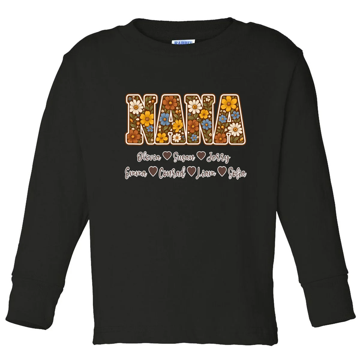 Personalized Nana Shirt – Custom Grandkids Names Floral Grandma Gift Toddler Long Sleeve Shirt - Front