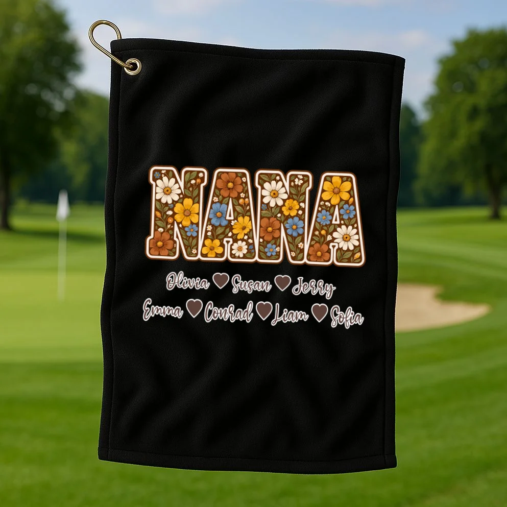 Personalized Nana Shirt – Custom Grandkids Names Floral Grandma Gift Golf Towel - Front 1