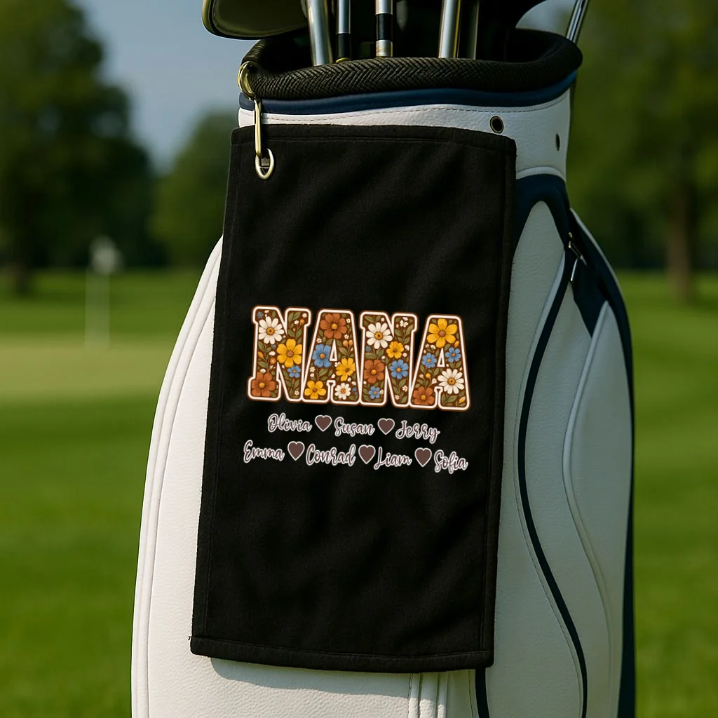 Personalized Nana Shirt – Custom Grandkids Names Floral Grandma Gift Golf Towel - Front 2