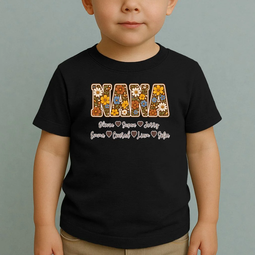 Personalized Nana Shirt – Custom Grandkids Names Floral Grandma Gift Toddler T-Shirt - Front 1