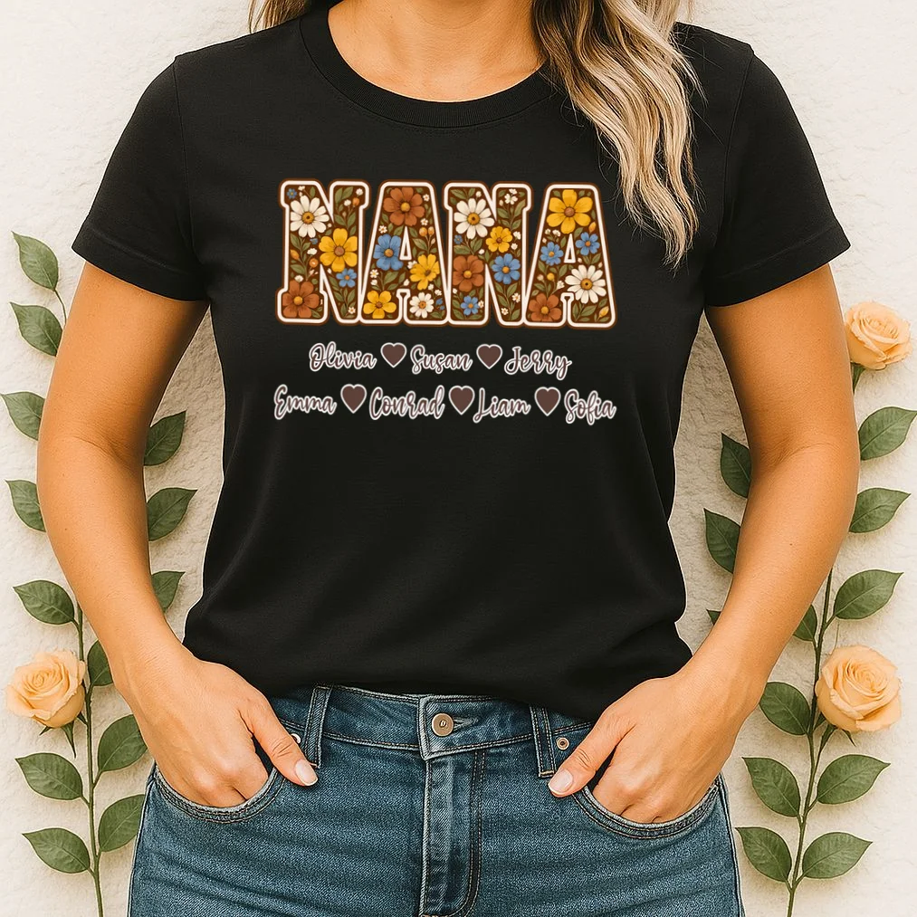 Personalized Nana Shirt – Custom Grandkids Names Floral Grandma Gift Women's T-Shirt - Front 1