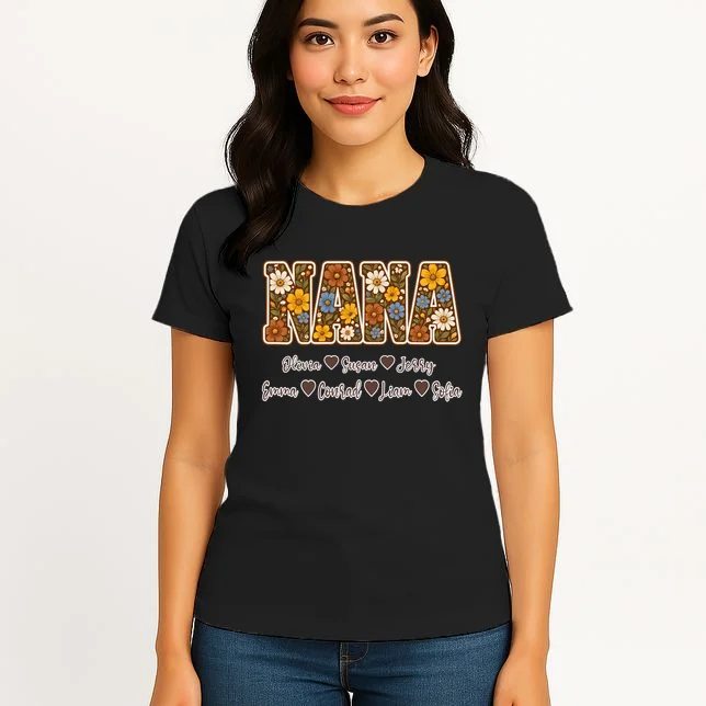 Personalized Nana Shirt – Custom Grandkids Names Floral Grandma Gift Women's T-Shirt - Front 3