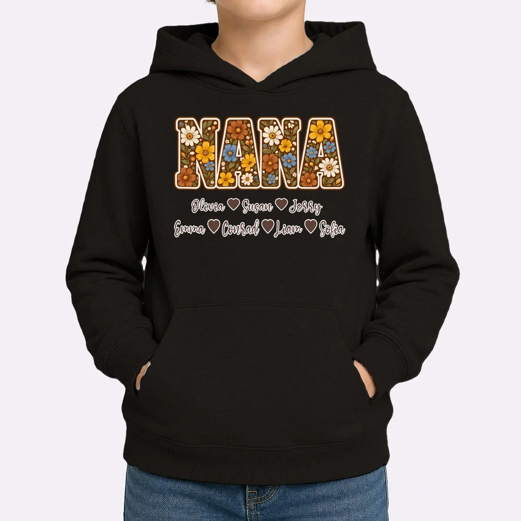 Personalized Nana Shirt – Custom Grandkids Names Floral Grandma Gift Kids Hoodie - Front 1