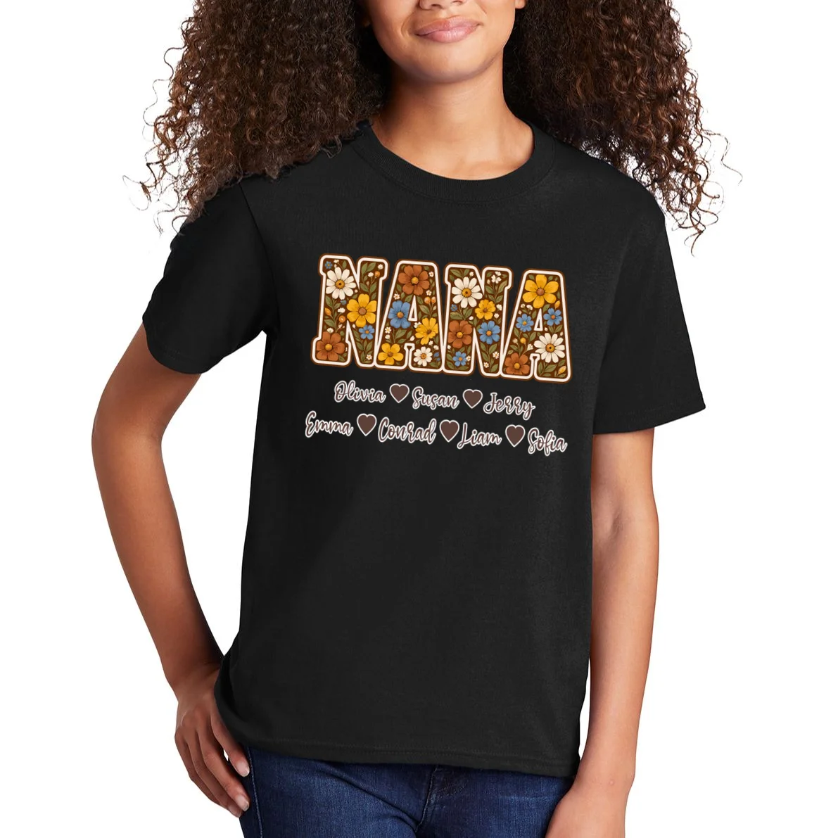 Personalized Nana Shirt – Custom Grandkids Names Floral Grandma Gift Kids T-Shirt - Front 1