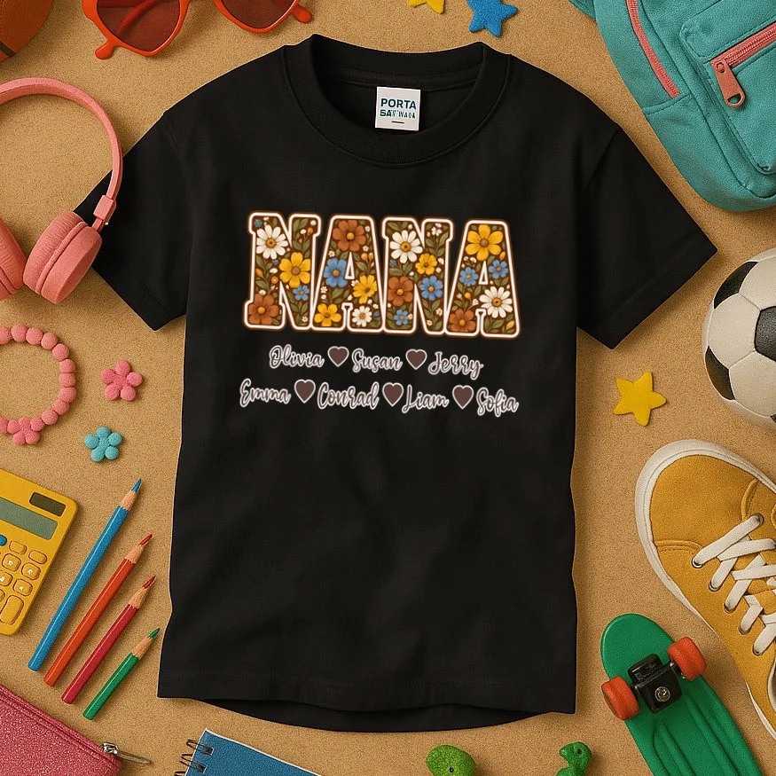 Personalized Nana Shirt – Custom Grandkids Names Floral Grandma Gift Kids T-Shirt - Front 2